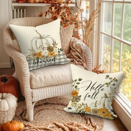 Benjia 45x45 Autumn Cushion Covers Set of 4, HELLO Autumn Pumpkin Decorative Holiday 18 x 18 Inch Fall Throw Pillow Covers Thanksgiving Pillow Case for Indoor Home Bedroom Sofa Decor 45 x 45 cm Grey