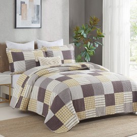 Y-PLWOMEN Quilt Set Queen Size, 100% Cotton Queen Quilt, Yellow Brown White Patchwork Plaid Queen Quilt Set, Lightweight Reversible Soft Bedspread Queen Size for All Season, 3-Pieces