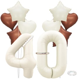 SKTMH 15Pcs 40th Birthday Party Balloons, 40 Number Balloons Set Cream White Number 40 Foil Balloons Beige Number 40 Balloons Brown Sand White Foil Star Heart Balloons Long Balloons for Birthday Decor