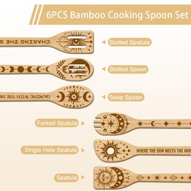 GLOBLELAND 6Pcs Sun and Moon Bamboo Cooking Utensils Wooden Engraved Cooking Spoons Set Moon Phases Carving Kitchen Bamboo Spatula Set Wood Cooking Spoon for Kitchen House Warming Gift
