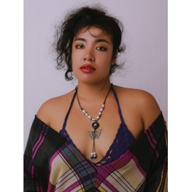 MINACHI Ceramic Beads Long Necklace, Purple White Beads with Wooden Hoop, Butterfly Pendant, Bohemian Vintage Chunky Costume Jewelry for Women