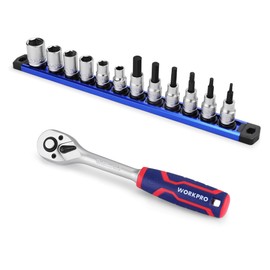 WORKPRO 14-Piece 3/8＂Drive Metric Sockets and Ratchet Set -Including 12 Short Sockets ＆ Bit Sockets, 72 Teeth Ratchet Wrench Set with Magnetic Socket Rail for Home Repair