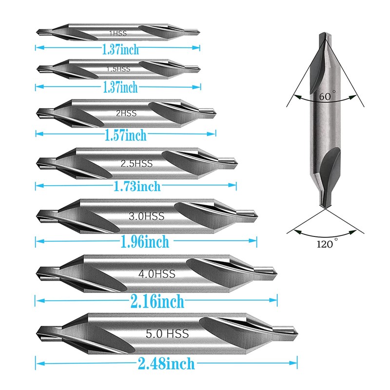 Yuentoen 7 Pieces Center Drill Bits Set, HSS 60° Countersink