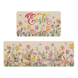 Easter Kitchen Rugs Set, Cute Bunny Spring Floral Kitchen Mat for Easter Decor Non Slip Washable Kitchen Rug for Floor Spring Holiday Home Decor Easter Door Mat Kitchen Mat, 17x30 and 17x47 Inch