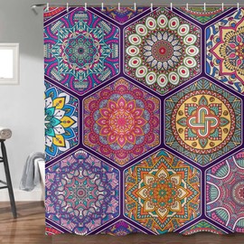 ASDCXZ Boho Shower Curtain 180 x 200 cm, Vintage Art Boho Style Colourful Datura Flowers Geometry Pattern Waterproof Shower Curtains Polyester Washable Textile Bathroom Curtain for Bathtub with 12