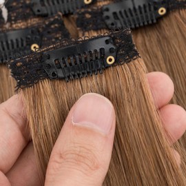 TESS Clip in Hair Extensions 100% Human Hair Lace Weft Natural Straight Add Volume 6 Pcs 6 Clips, 20 Inch, Dark Linen