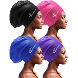 4 Pack Silicone Extra Large Swim Caps for Braids and Dreadlocks Black Women Men Long Hair Swimming Waterproof Pool (C)