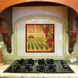 VictoryStore Kitchen Backsplash Ceramic Tile - Grapes and Vineyard Vector - (9) 4.25 inches x 4.25 inches Tiles