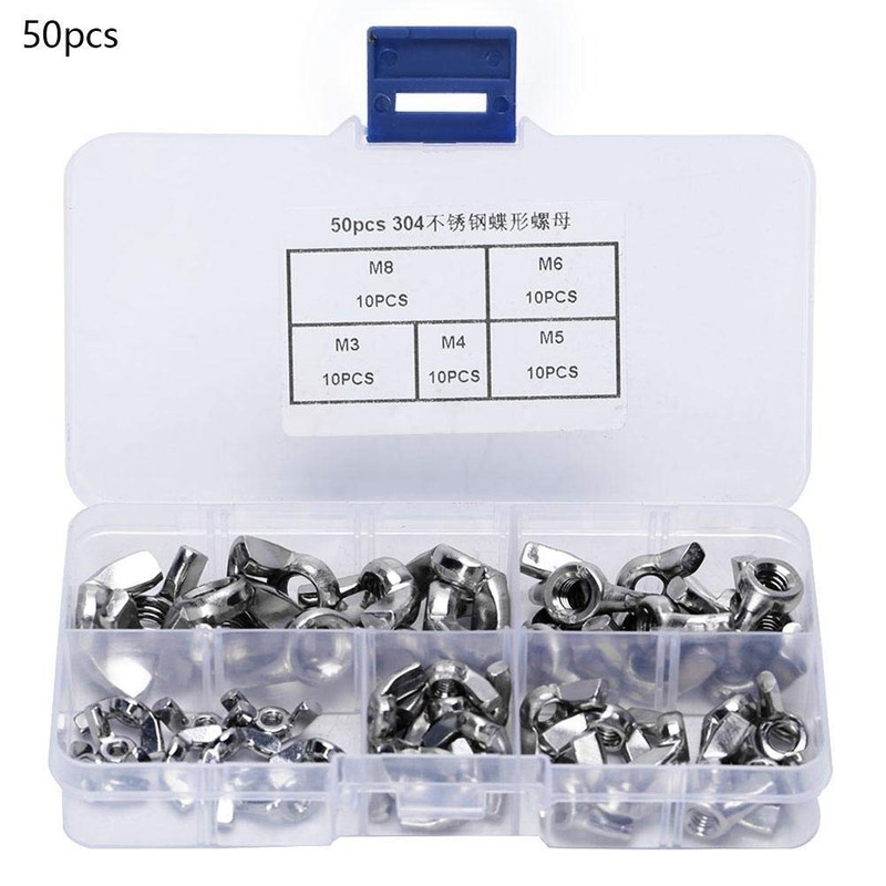 50pcs M3-M8 Stainless Steel Wing Nut Butterfly Nuts Kits for