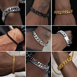 Mens Women Chain Black Tone Stainless Steel Curb Cuban Link Chain Bracelet 12mm 23cm