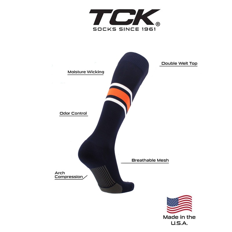 MadSportsStuff Dugout Striped Baseball Socks Pattern E (Navy/Orange/White, Small)