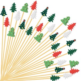 100 Christmas Tree Cocktail Picks, 4.7" Long Christmas Toothpicks for Appetizers, Bamboo Decorative Xmas Skewers Wood Sandwich Fruit Food Sticks for Christmas Party Supplies Charcuterie Accessories