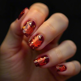 GCSQW Fall Maple Leaf Press On Nails, 24 Pcs, Square, Acrylic, Full Cover, Thanksgiving False Nails, Dark Red Leaves, Autumn Design, Kit