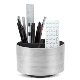 Czzmy Round Leather Art Supply Organizer,Remote Control Holder,360 Degree Spinning,Multi-Functional Pencil Holder,4 Compartments Desktop Stationary Organizer(1-Light Grey)