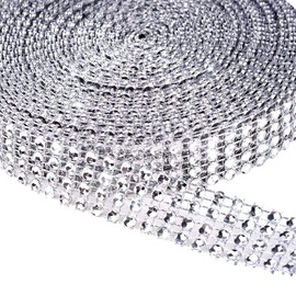 POFET 2 cm 4Row 10 Yard Acrylic Rhinestone Diamond Ribbon for Wedding Cakes, Birthday Decorations, Baby Shower Events and Craft Projects - Silver