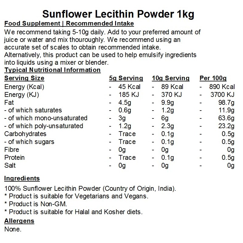Sunflower Lecithin Powder - 1kg - Phosphatides - Vegan
