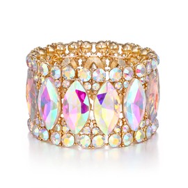 Clearine Bridal Stretch Bracelet Fashion Round Marquise Rhinestone Crystal Bangle Jewellery for Women Party Wedding Guest Iredescent AB Gold-Tone