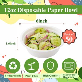12oz Paper Sugarcane Disposable Bowls for Salads, Dessert and Cereals- Eco Friendly/Natural- Pack of 50ct