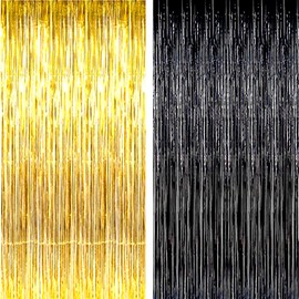 AILEXI 2 Pack 3ft*8ft Party Supplies Foil Fringe Shimmer Curtains, Door Window Decorations Streamers or Wall Backdrop Tinsels - Black Gold