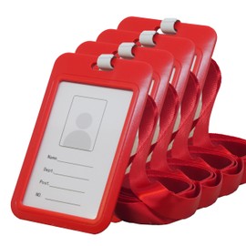 BAWAKO ID Card Holder with Neck Strap, ID Card Holder Made of Durable Plastic, ID Badge Holder, Hard Plastic (Red) Pack of 4