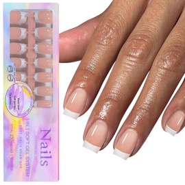 150Pcs White French Tip Press on Nails Exit Short Square Fake Nails In15 Sizes 3 IN 1 Soft Gel Nail Tips Nude Glossy Reusable Acrylic Nails No Need to File False Nails for Women Girls Manicure