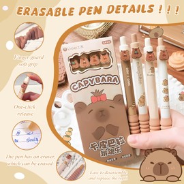 Capybara Pens, Capybara Gel Pen Set, Capybara Things, Erasable Ballpoint Pen Set with 4 Animal Pens, Retractable Kawaii Pens and 4 Capybara Stickers, Blue Gel Pens, Erasable Ink Pen 0.5 mm