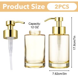 2 Pack Glass Soap Dispenser with Plastic Pump, 12oz Thick Glass Gold Hand Liquid Soap Dispensers, Lotion Dispenser for Bathroom,Kitchen
