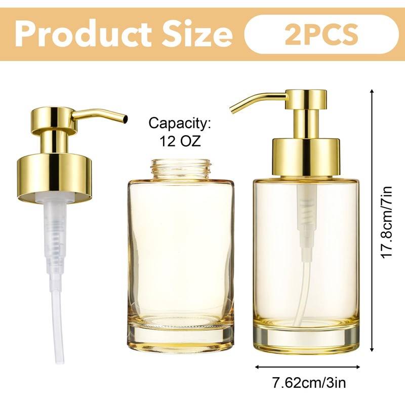 2 Pack Glass Soap Dispenser with Plastic Pump, 12oz Thick