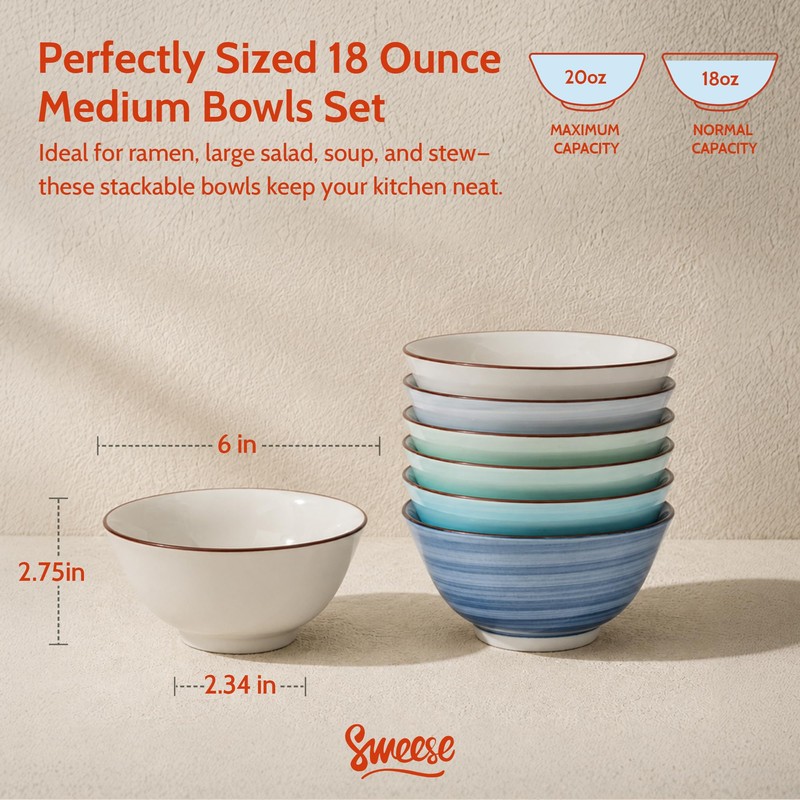 18 oz Ceramic Soup Bowls Set of 6, Blue Pasta