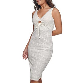 GUESS Women's Geo Lace Sheath with Key Hole Detail Contemporary Dress, White, 4