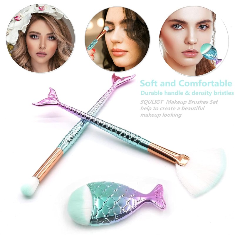 WEZCHUGHAOL 11Pcs Mermaid Makeup Brushes, Premium Synthetic Foundation Powder Concealers