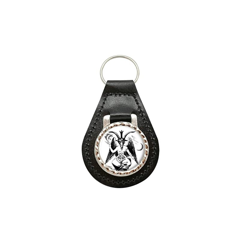 Giftshop UK Baphomet Satanic Leather Keyring, Black leather and silver