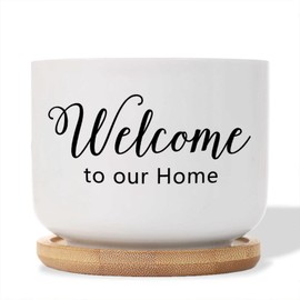 DecStic Welcome to Our Home Planters Ceramic Bible Verse Round Flower Pots with Drainage Holes and Bamboo Tray Pot for Succulents Cactus Garden Windowsill