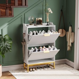 GAOMON Fluted Shoe Cabinet with 2 Flip Drawers - Slim Modern Shoes Rack with Sturdy Metal Legs, Freestanding Hidden Storage Organizer for Entryway, Hallway, Bedroom, or Apartment, White