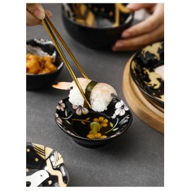 yaocoral 4 Pack 3 oz Small Ceramic Dipping Dishes Japanese Soy Sauce Dish Cute Sakura Mini Dipping Sauce Bowls for Side Dishes,Dips,Sushi,Ketchup,Condiment,Seasoning,BBQ Party(black 2)
