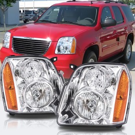 ISHARINGAUTOPARTS Chrome Amber Headlight Assembly Compatible with 2007 2008 2009 2010 2011 2012 2013 2014 GMC yukon Bumper Lights
