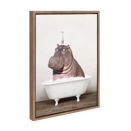 Kate and Laurel Sylvie Hippo and Bird in Rustic Bath Framed Canvas Wall Art by Amy Peterson Art Studio; 18x24 Gold; Modern Fun Decorative Bathtub Wall Art for Home Décor