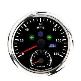 MOTOR METER RACING W PRO Series 2 Gauge Set 110mm 4-3/8" 2 in 1 GPS Speedometer & Tachometer, Multi-Function Volt, Fuel Level, Water Temperature & Oil Pressure Black Dial White LED for Car, Boat