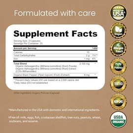 NaturaLife Labs Organic Ashwagandha 2100 mg per Serving – Full Spectrum Root Powder and Standardized Extract (Withanolides) – 100 Capsules – Vegan – N