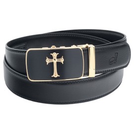 QHA Mens Jesus Cross Automatic Buckle Ratchet Leather Belt Q39-Gold Black-36-42"