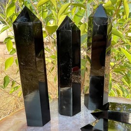 2PCS 5.9" Big Obsidian Pillars Natural Crystals Healing Fluorite Wands Polishing Reiki Energy Stone Hexagonal Point Obelisk Large Gemstones for Meditation Gifts (Obsidian /5.8-6.2 inch 2pcs)
