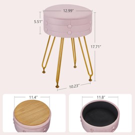 VECELO Round Vevlet Vanity Stool with Storage, 4 Metal Legs Vanity Seat with Anti-Slip Feet, Modern Vanity Chairs Footrest Furry Padded Seat, Space Saving, Easy to Clean for Makeup, Bedroom, Pink