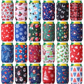 Zhehao 24 Pieces Christmas Can Cooler Sleeves 12 oz Can Sleeves Santa Snowman Snowflake Elk Insulated Colorful Funny Beer Cooler for Bottle Drink Party Beverage Decoration (Santa)