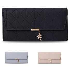 QKIIINQ Cartera de mujer de cuero compacta con bloqueo rfid, Billetera de piel mujer con cremallera, Gran capacidad con hoja adorno colgante, para dinero en efectivo, monedas, foto (Negro, Largo)