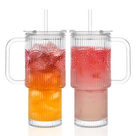 INSETLAN 26oz Ribbed & Floral Glass Tumblers with Handle and Lid, Set of 2 –Reusable Iced Coffee Cups with Straw, Glass Mugs for Water, Smoothies, Tea, and Juice – Ideal for Travel & Daily Use