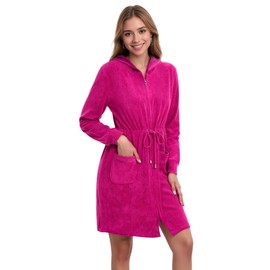 Navisting Women Terry Cloth Zipper Robe Zip Up Bathrobes with Pockets Hooded Cotton Housecoat Nightgown Loungewear Sleepwear Magenta XL