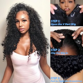 V Part Wig Human Hair Curly Upgrade Glueless Wigs Human Hair U part Half Wigs With Clip in V Part Curly Wig Human Hair Beginner Friendly Real for Women Natural Color 180% Density 26inch