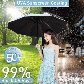 Bodyguard Large Windproof Inverted Umbrellas for Rain & Sun - Travel Folding Compact UPF 50+ Automatic Umbrella with Reflective Stripe, UV Protection For Walking, Sky Blue-46IN