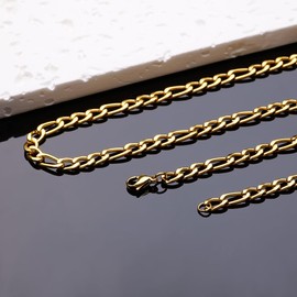 Viwind Men's Figaro Chain Necklace Men's 3/5/7/9 mm Hip-Hop Chain 45-55 cm 18 K Gold Plated / Silver Colour Stainless Steel Figaro Chain 1 + 3 Link Chain for Boys Men, Stainless Steel
