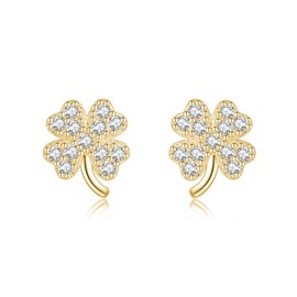 Reffeer Solid 925 Sterling Silver CZ Four Leaf Clover Earrings Stud for Women Teens Sparkle Leaf Stud Earrings (B-Gold)